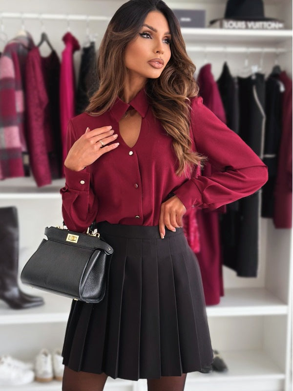 Long Sleeve Lapel Blouse with Hollow Neckline