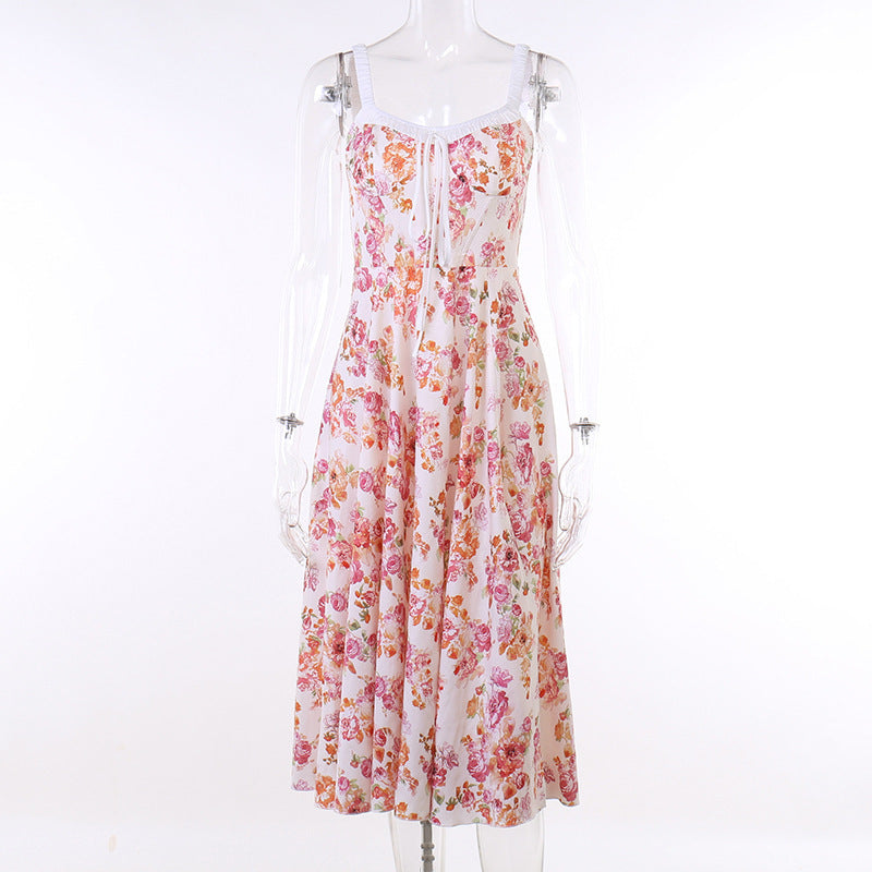 Floral A-Line Midi Dress with Bustier Bodice and Slit