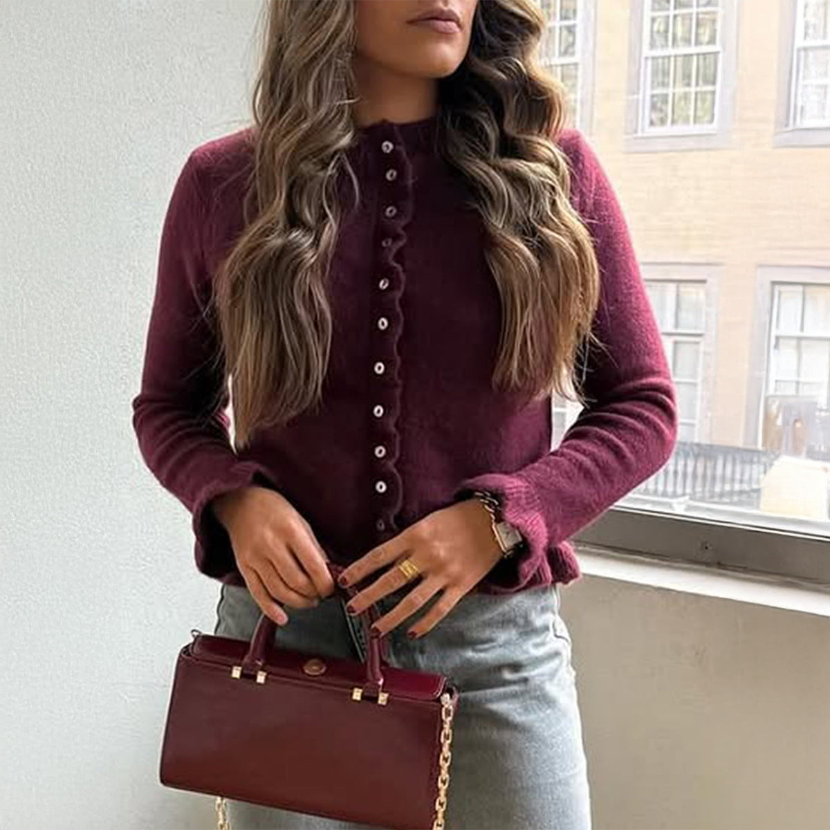 Knit Cardigan with Ruffle Trim and Round Neck