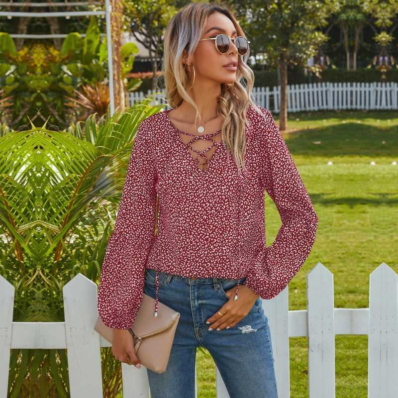 Leopard Print Blouse with Lace-Up V-Neck and Long Sleeves