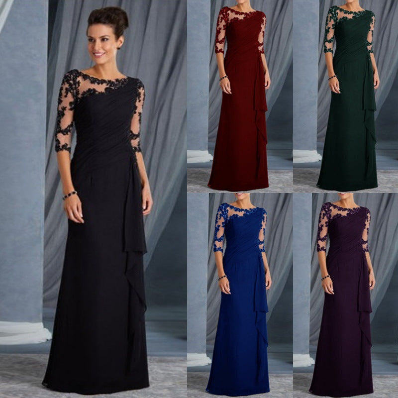 Maxi Dress with Lace Illusion Neckline and 3/4 Sleeves
