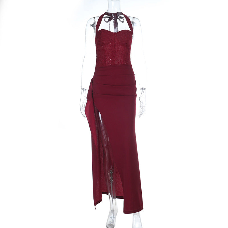 High-Waisted U-Shaped Collar Sleeveless Sequined Long Dress Solid