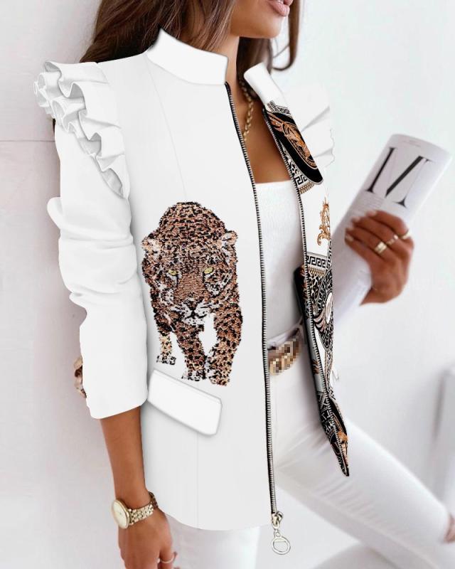 Printed Jacket with Ruffled Shoulders and Zipper Front