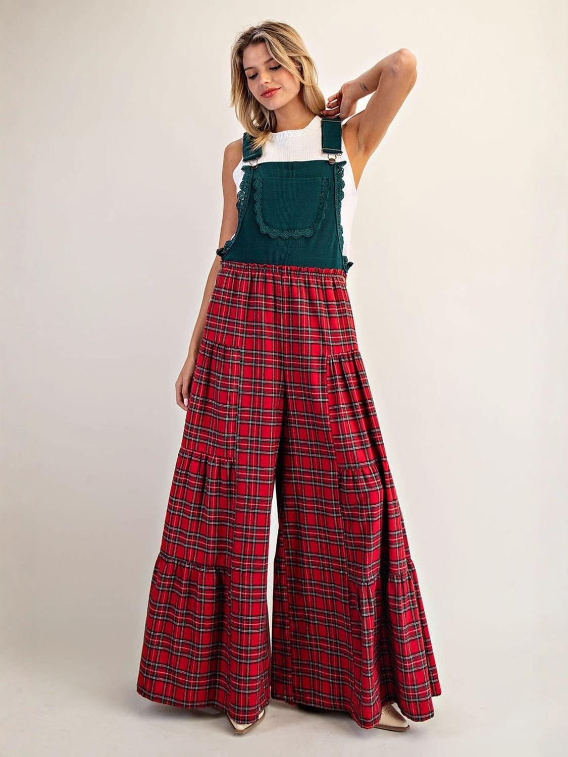 Tiered Wide-Leg Plaid Overalls with Scalloped Trim