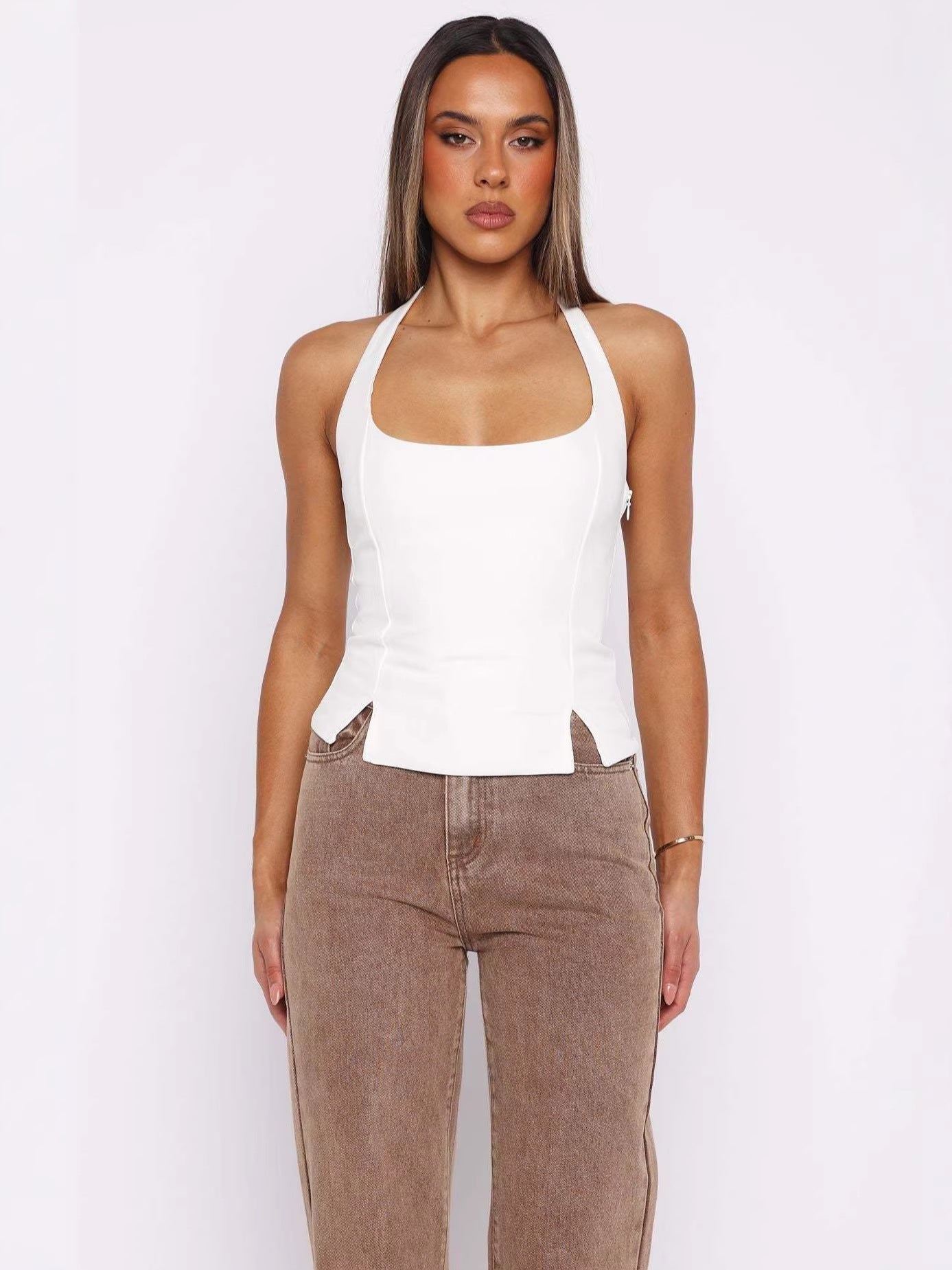 Slim Fit Halter Top with Square Neck and Side Slits