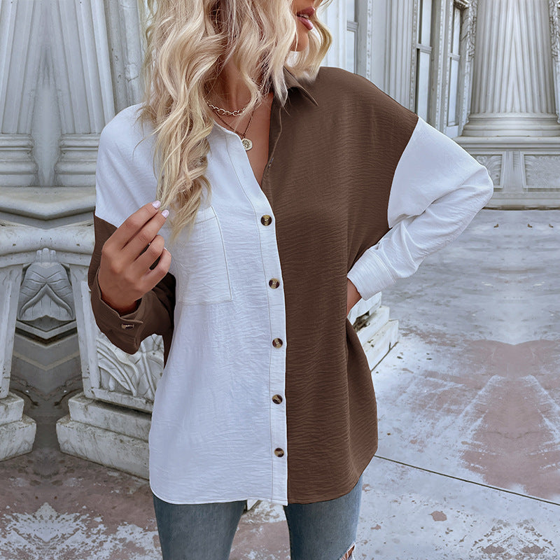 Color-Block Button-Down Shirt with Crinkled Texture