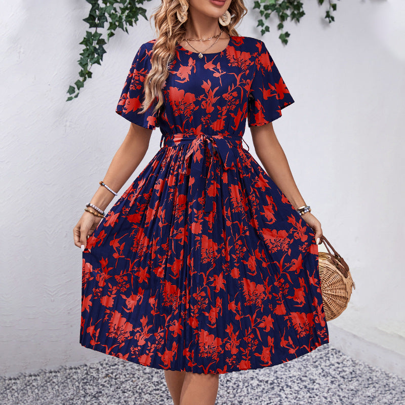 Floral Print Pleated Midi Dress with Tie-Waist