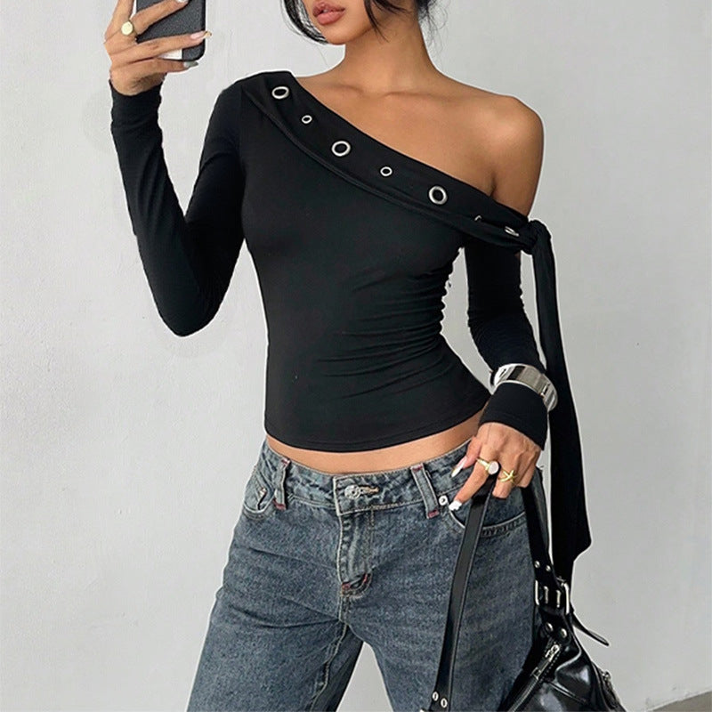 Bodycon One-Shoulder Top with Grommet Detail and Long Sleeves