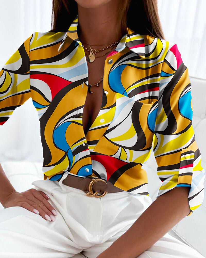 Printed Button-Down Shirt with V-Neck and Long Sleeves
