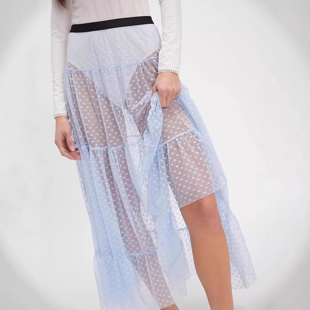A-Line Tiered Mesh Midi Skirt with Heart Pattern