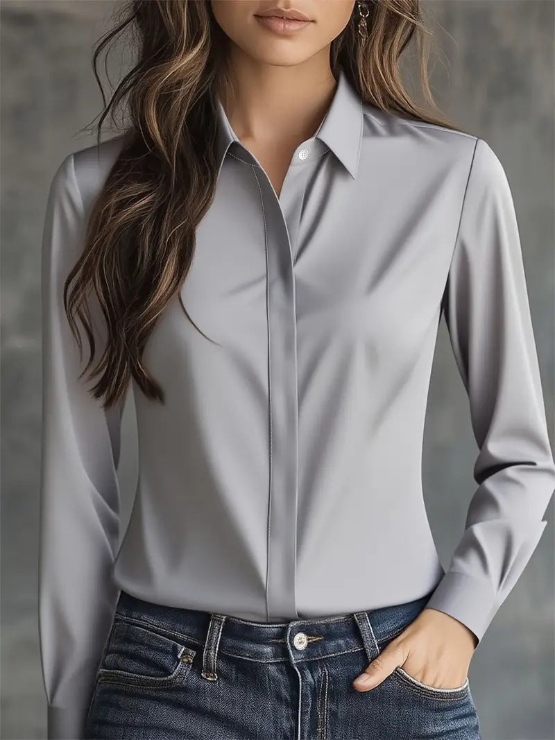 Solid Long-Sleeve Button-Down Blouse in Polyester