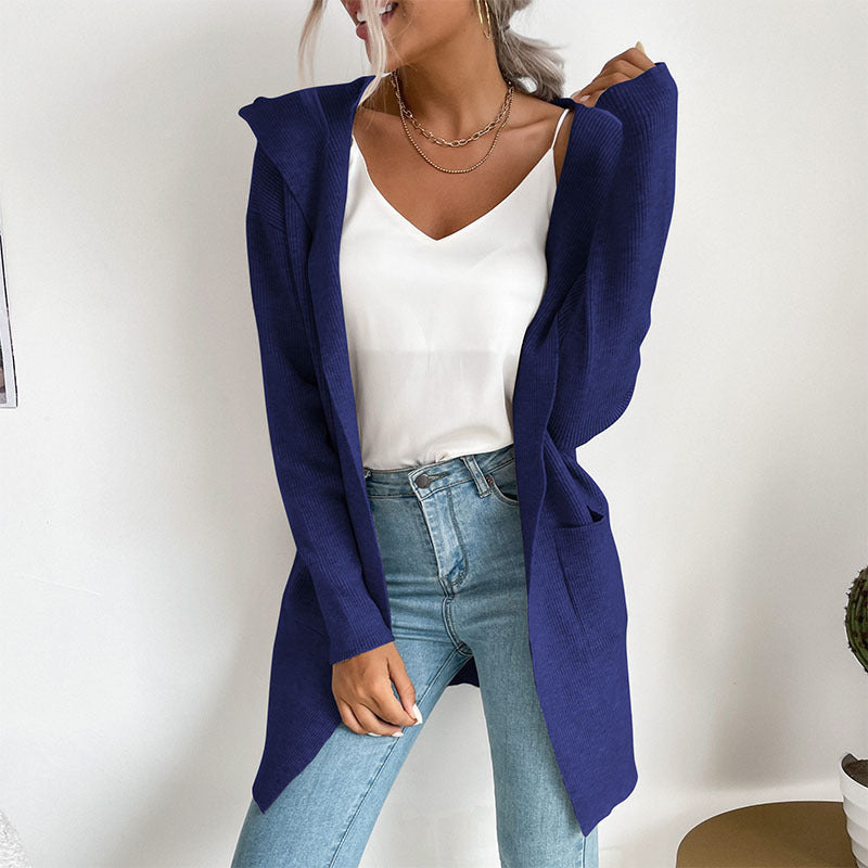 Long Open-Front Cardigan with Hood and Ribbed Knit