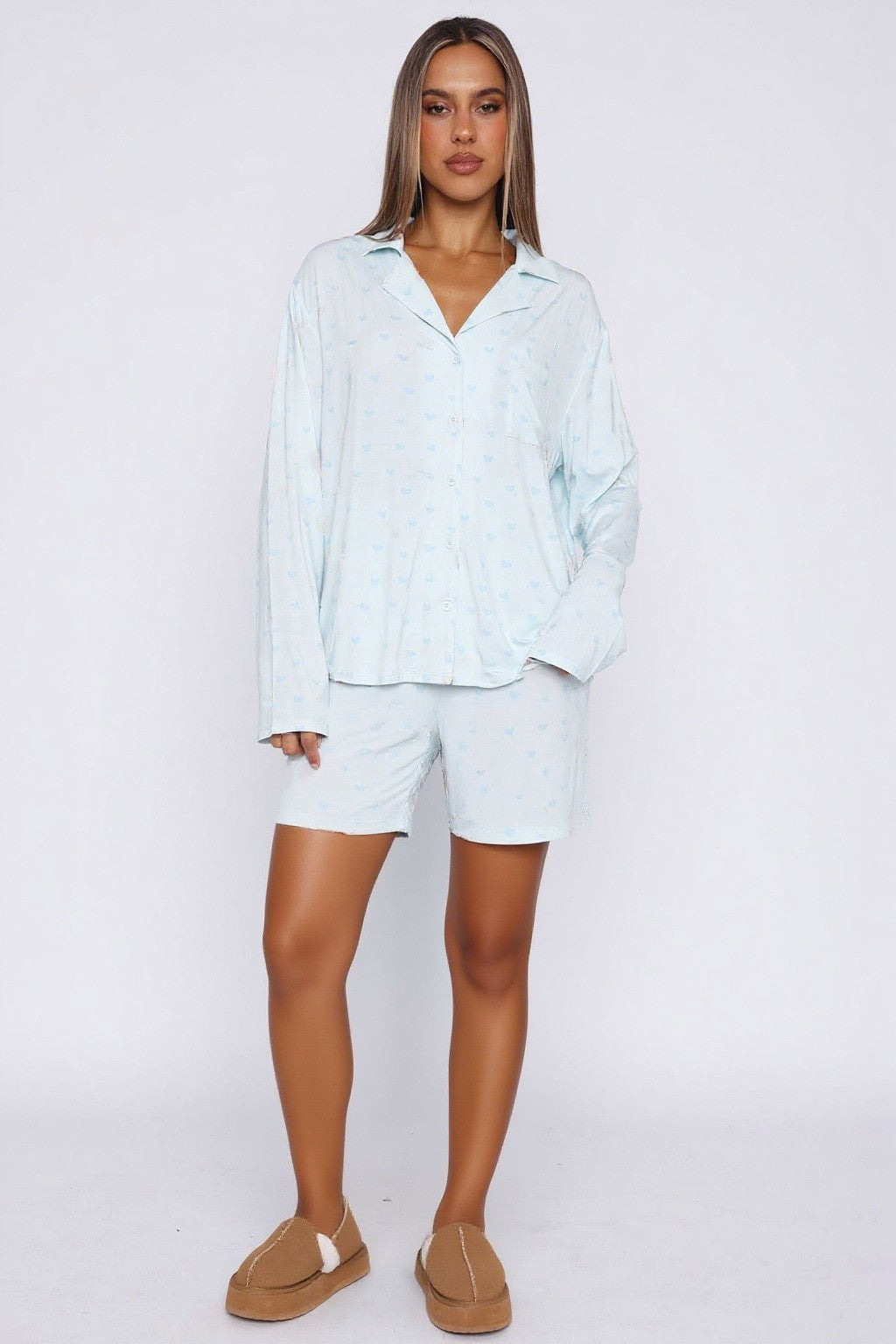Long Sleeve Pajama Set with Notched Collar and Shorts