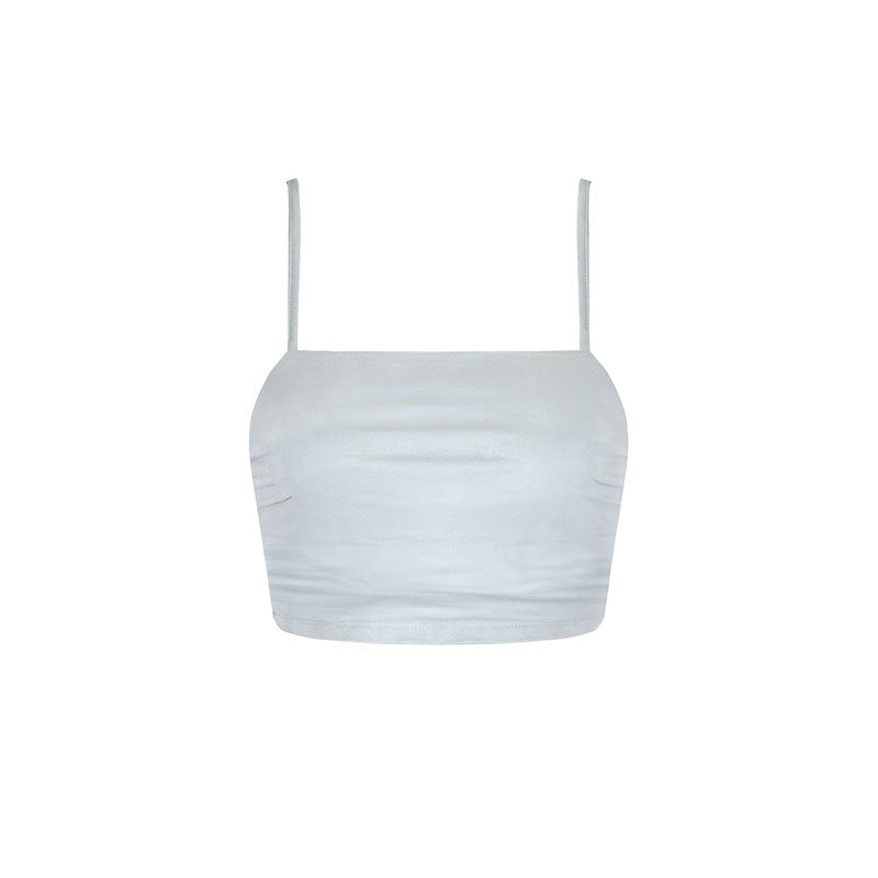 Slim Fit Square Neck Crop Top with Spaghetti Straps and Ruched Sides