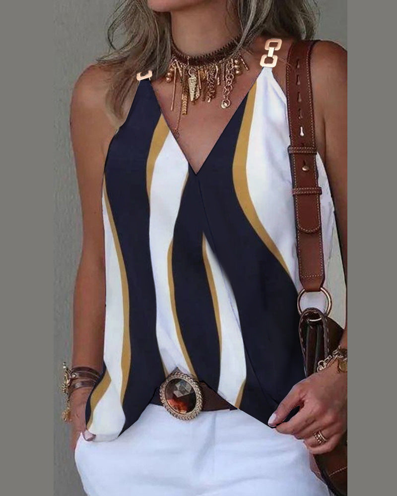 Printed Sleeveless Top with V-Neck and Metal Buckle Straps