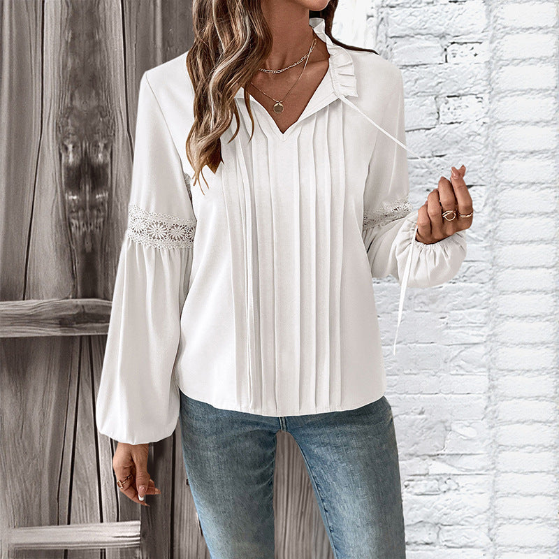 Solid Color Blouse with Pleated Front and Puff Sleeves