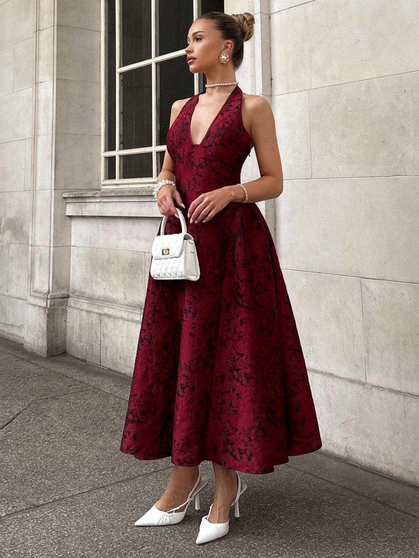 Jacquard A-Line Midi Dress with Halter Neck
