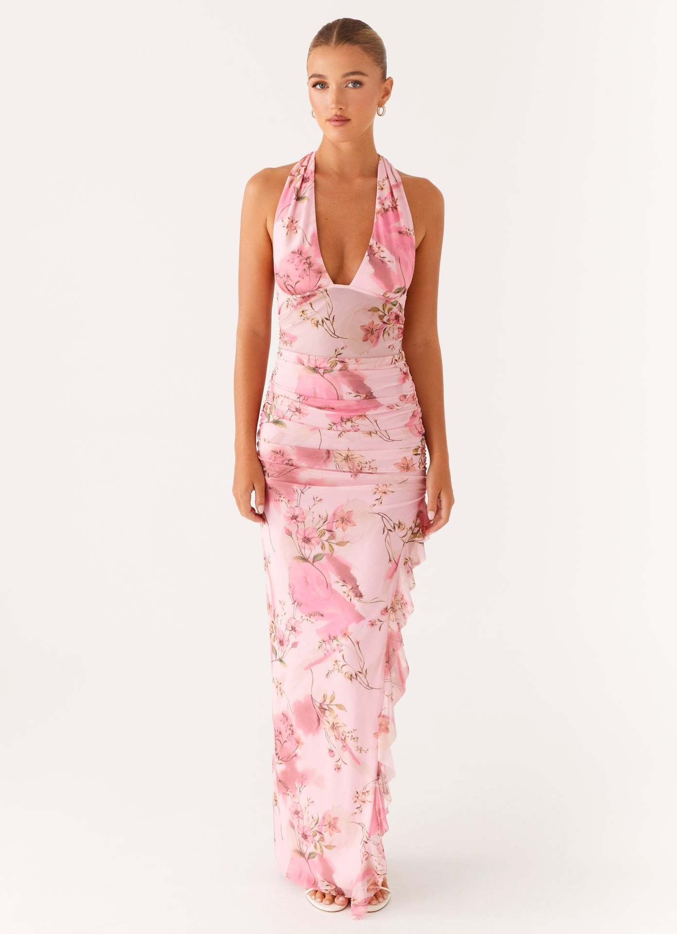 Ruched Halter Maxi Dress with Backless Detail and Ruffled Slit
