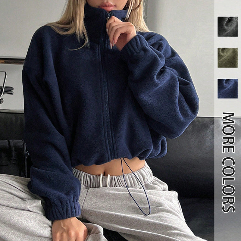 Cropped Fleece Jacket with Stand Collar and Drawstring Hem