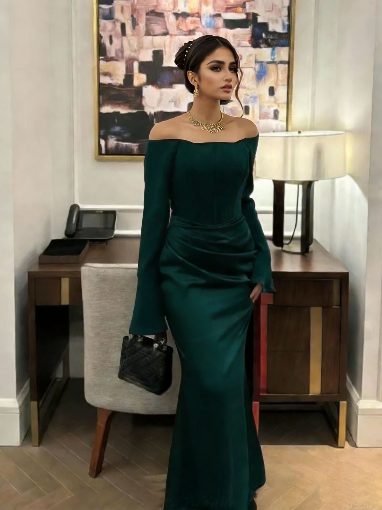Sheath Maxi Dress with Off-Shoulder Long Sleeves and Draped Detail
