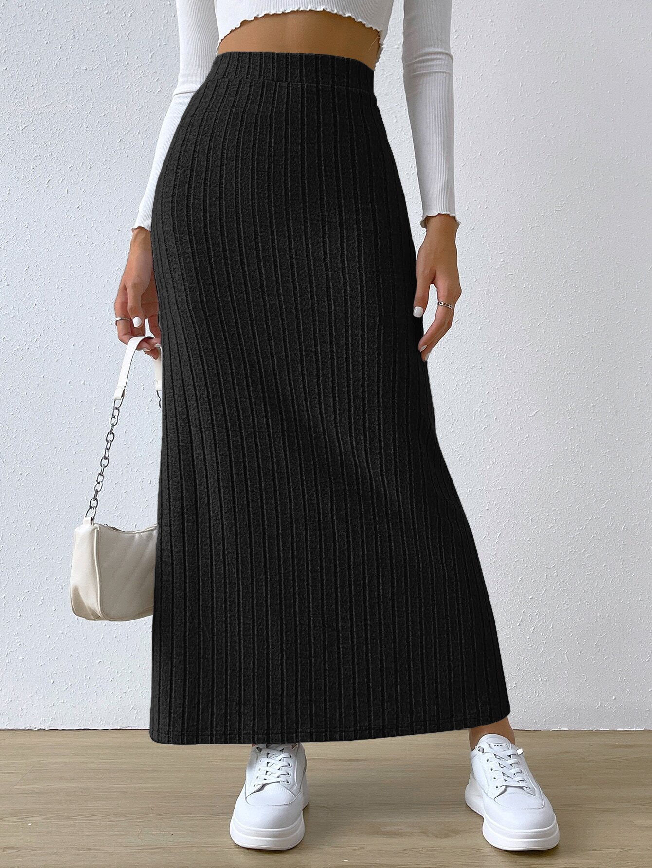 High-Waist Ribbed Knit Midi Skirt with Side Slit