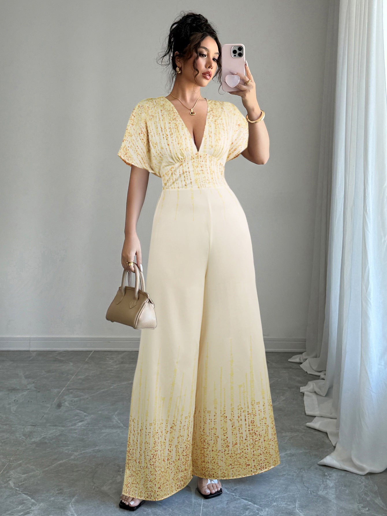 Wide-Leg Jumpsuit with Deep V-Neck and Metallic Streak Print