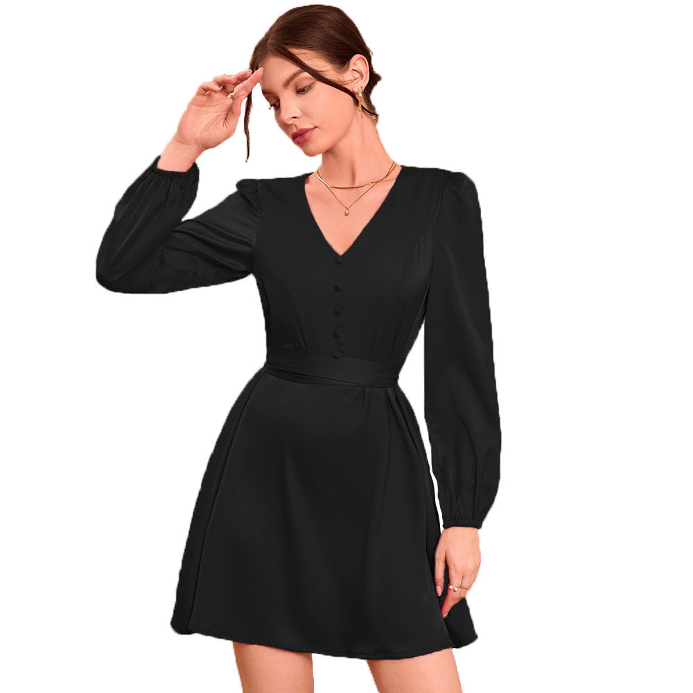 Satin A-Line Mini Dress with V-Neck and Tie-Back Waist