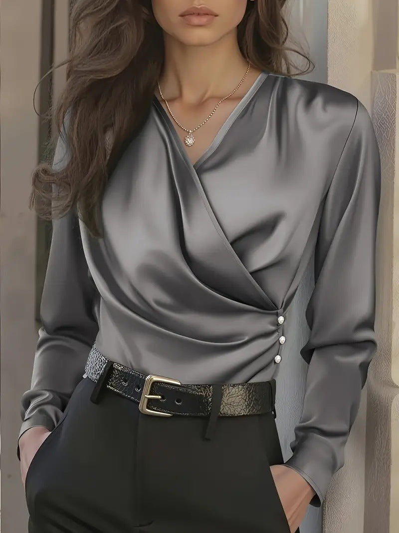 Satin-Look Long Sleeve Blouse with Draped Wrap Front