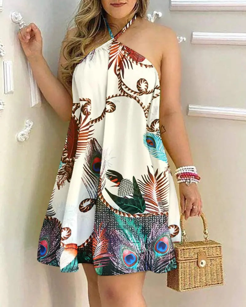 Geometric Print A-Line Mini Dress with Halter Neck