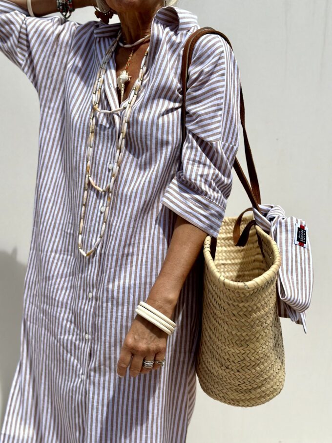 Geometric & Striped Shirt Dress with V-Neck and Half Sleeves
