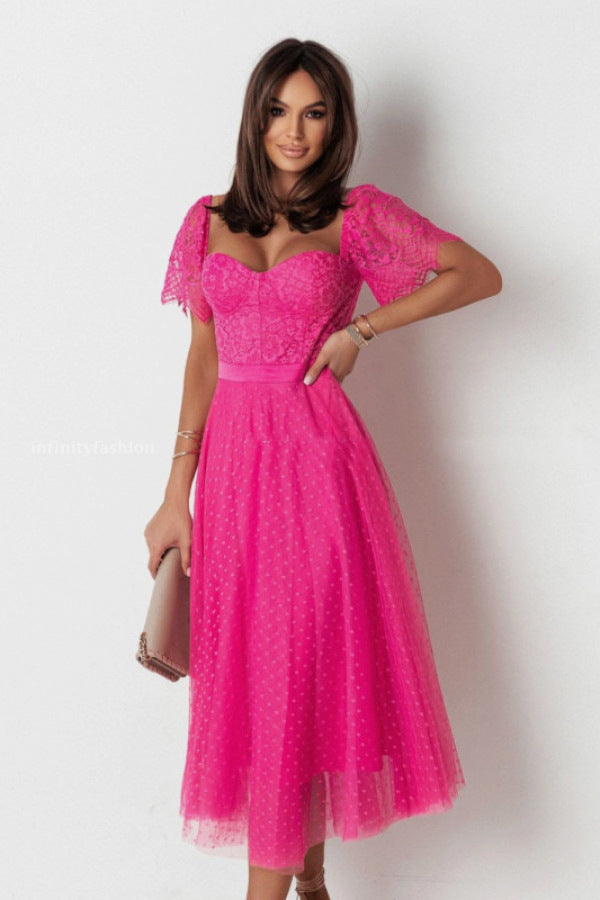 Fit-and-Flare Midi Dress with Lace Sweetheart Top and Dotted Mesh Skirt