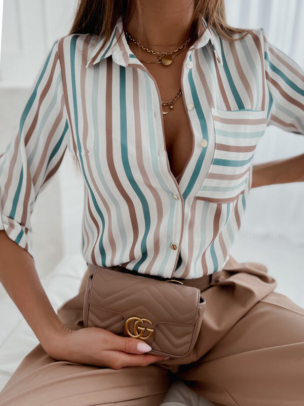 Printed Long Sleeve Button-Down Shirt with V-Neck