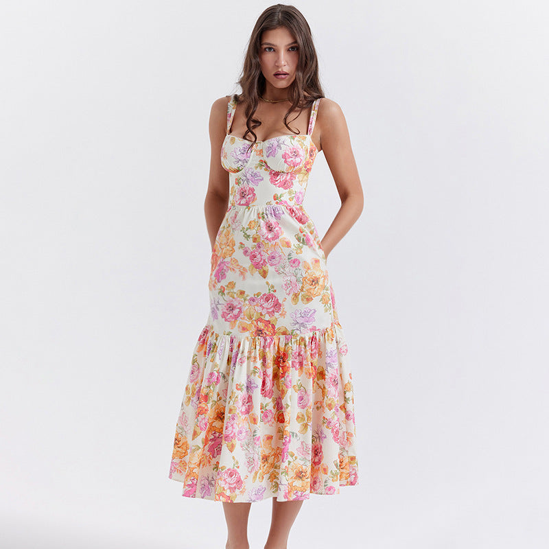 Floral Bustier Midi Dress with Tiered Ruffle Skirt