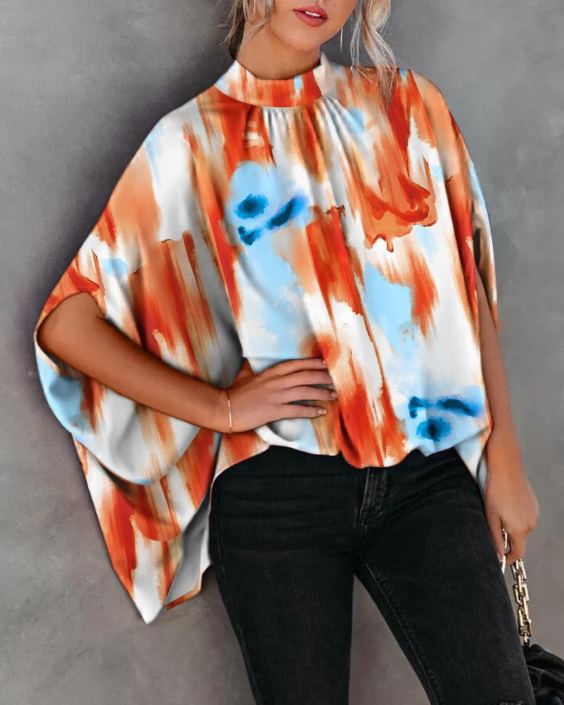 Loose Letter Print Blouse with Mock Neck and Cape Sleeves