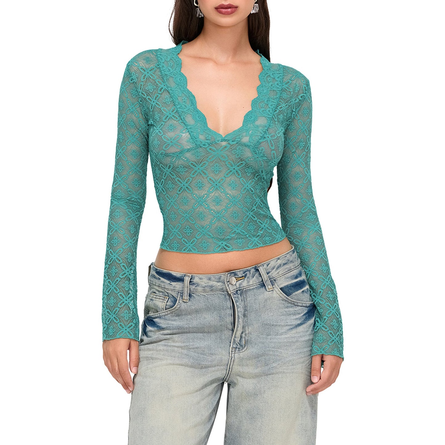 Slim Fit Lace Crop Top with V-Neck and Bell Sleeves