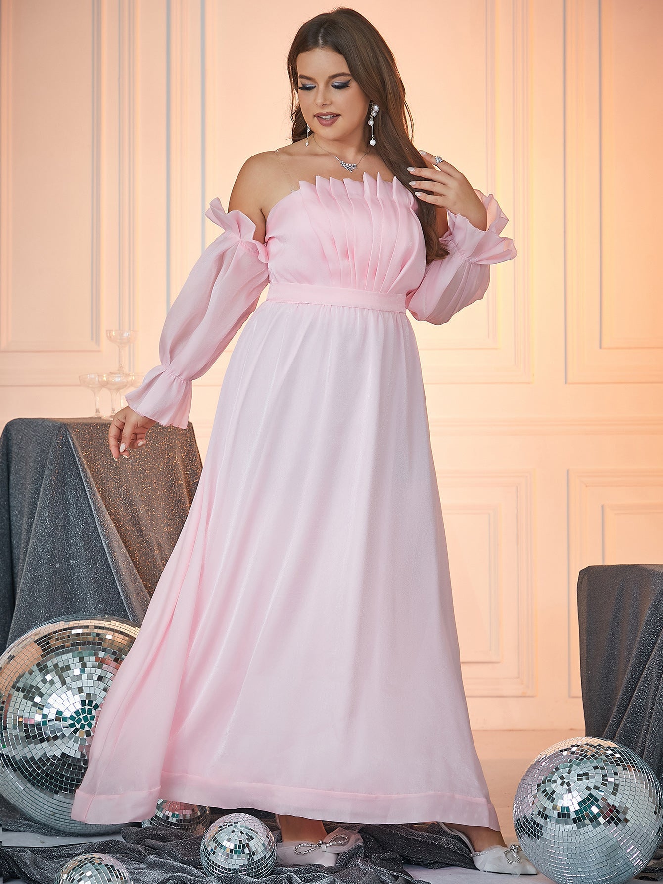 Ruffled Off-Shoulder Maxi Dress with Long Sleeves