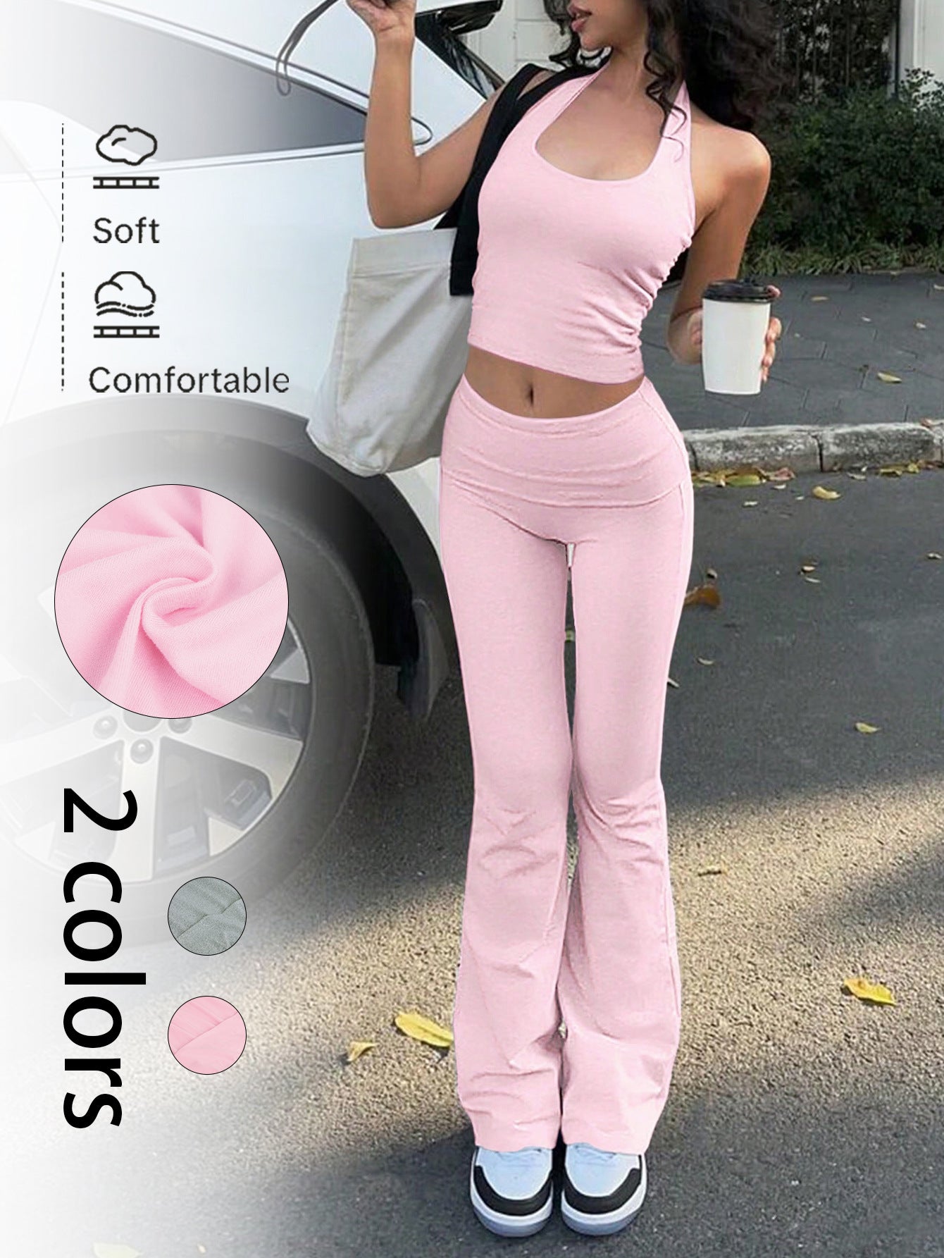 Backless Halter Top and Slim Flared Pants Set
