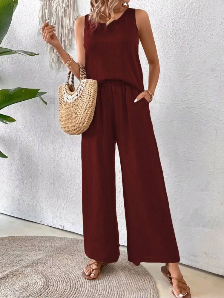 Sleeveless Pants Set with Hollow-Out Lace Back