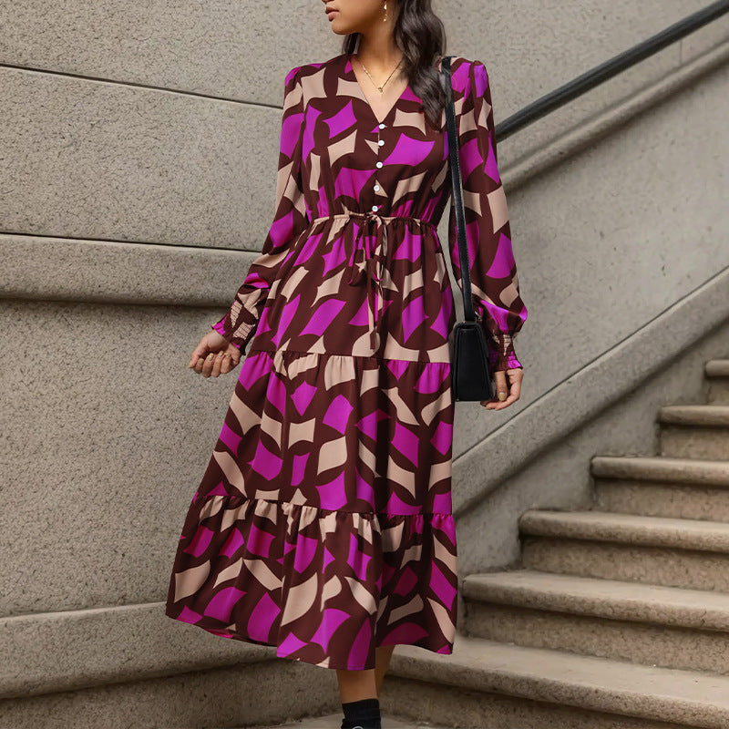 Geometric Print A-Line Midi Dress with V-Neck and Drawstring Waist