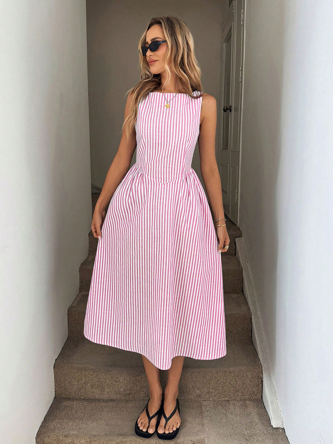 Striped Sleeveless A-Line Dress with High Pointed Waist