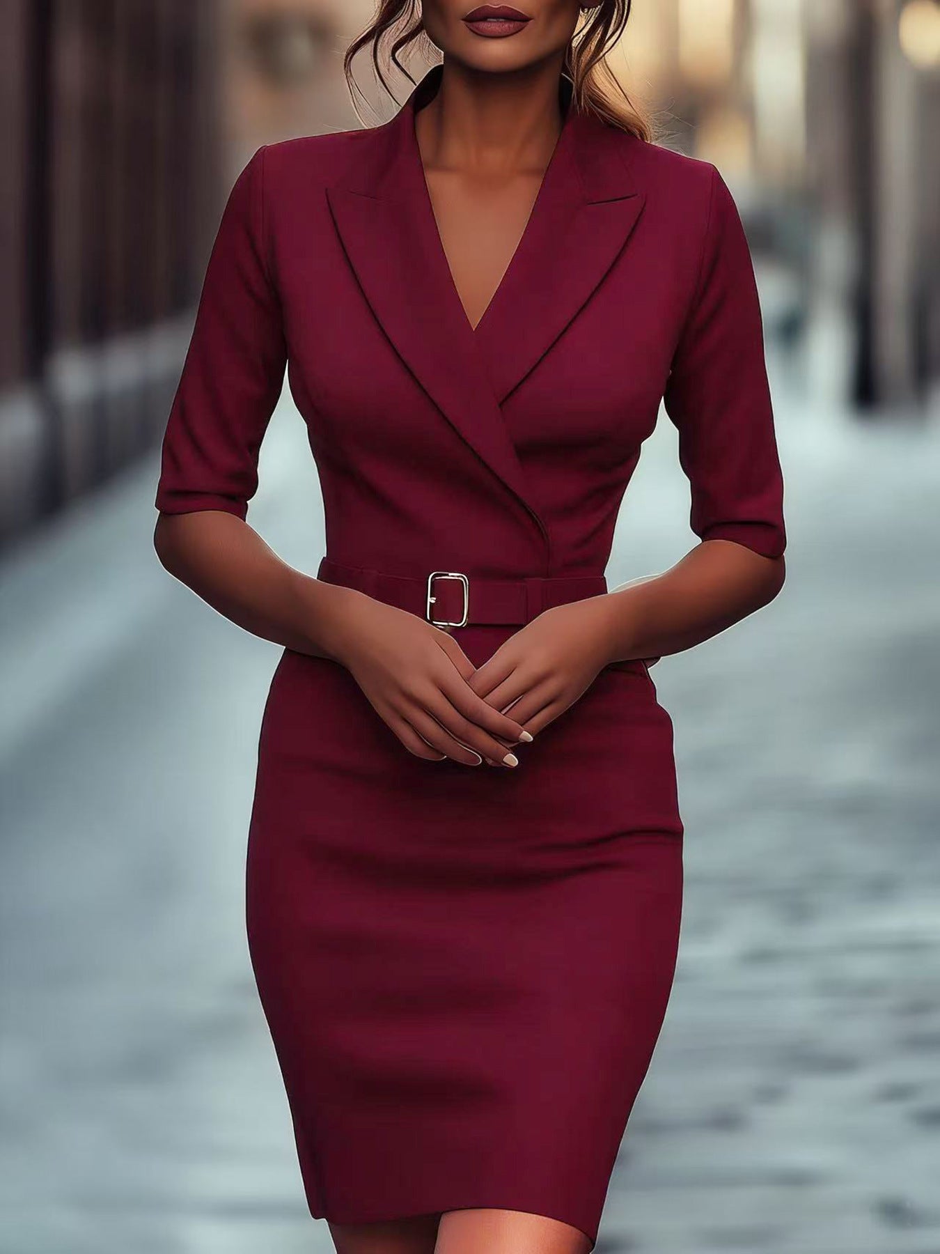 Blazer Sheath Dress with Three-Quarter Sleeves and Belt