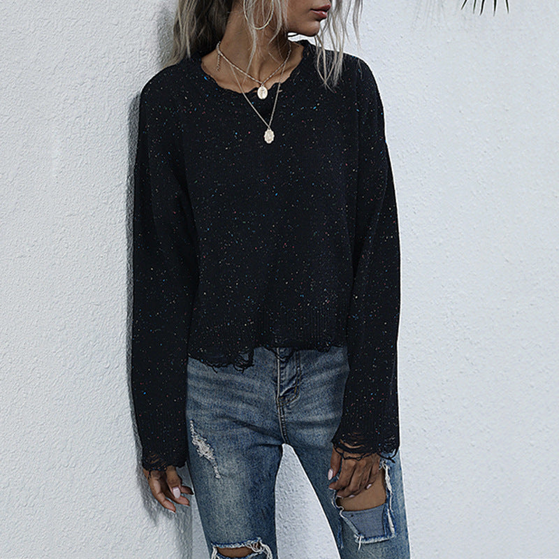 Cropped Loose Knit Sweater with Distressed Hems