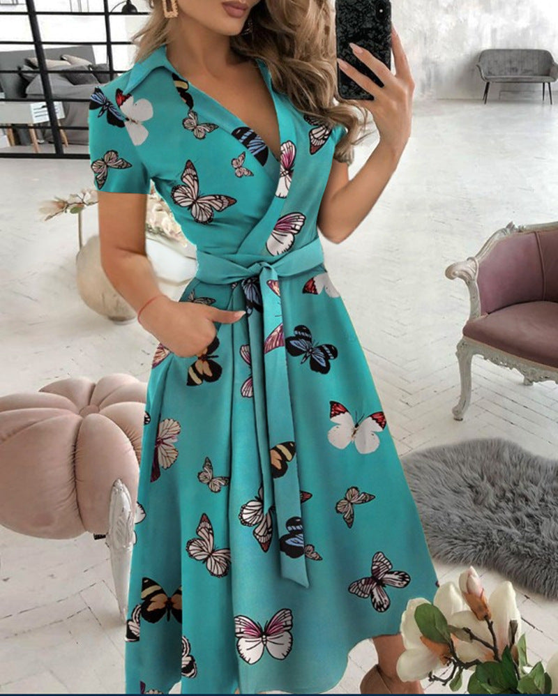 Solid Wrap Midi Dress with Collared V-Neck and Tie-Waist