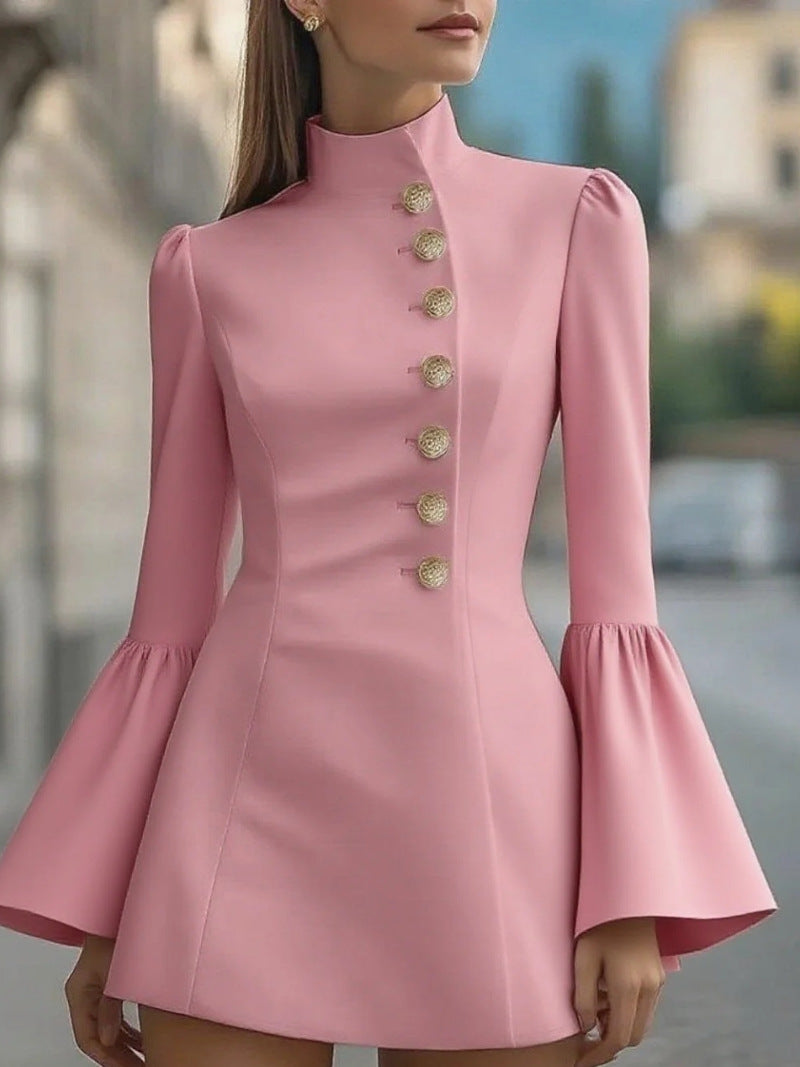 Mini Coat Dress with Stand Collar and Bell Sleeves