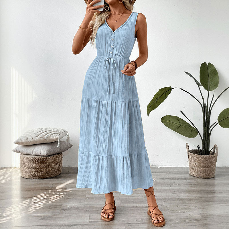 Sleeveless Tiered Maxi Dress with V-Neck and Drawstring Waist