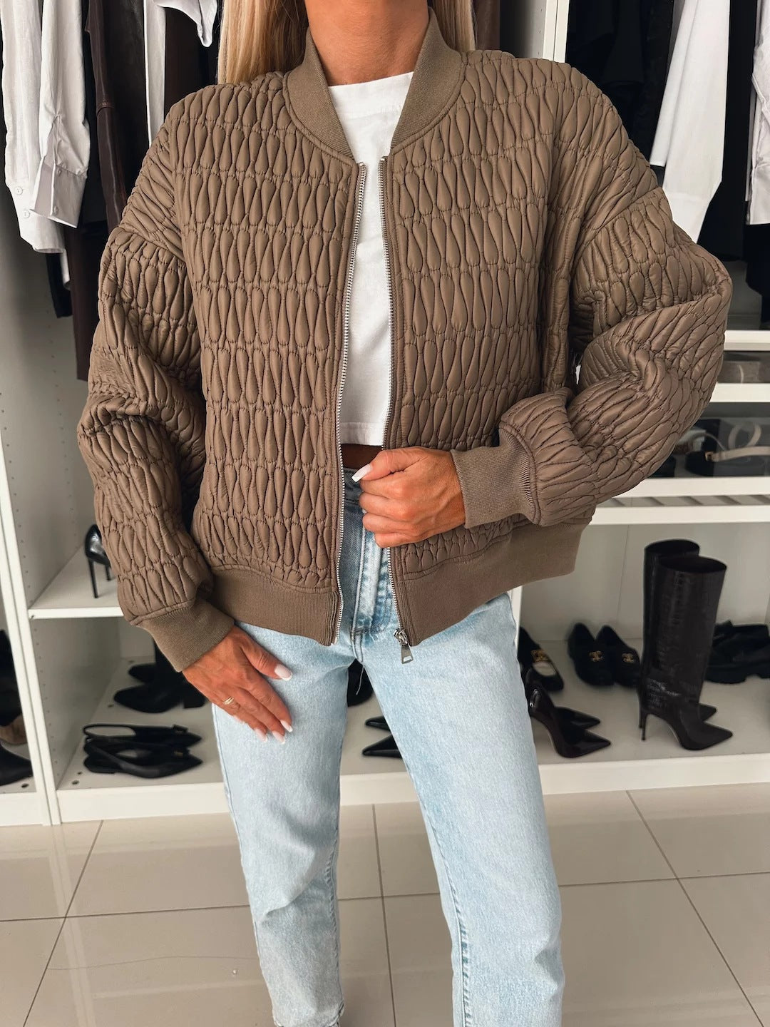 Padded Quilted Bomber Jacket with Ribbed Trim