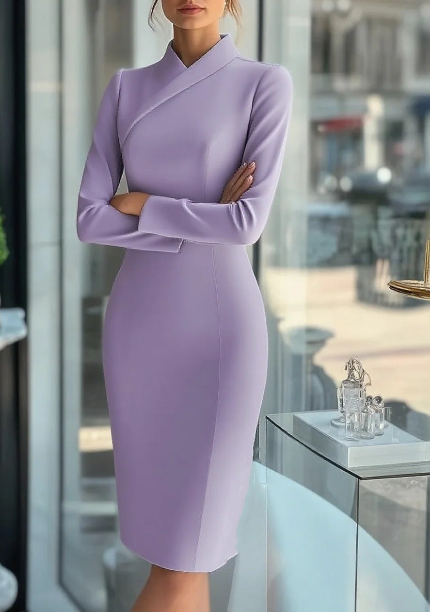 Sheath Midi Dress with Asymmetrical Wrap Collar