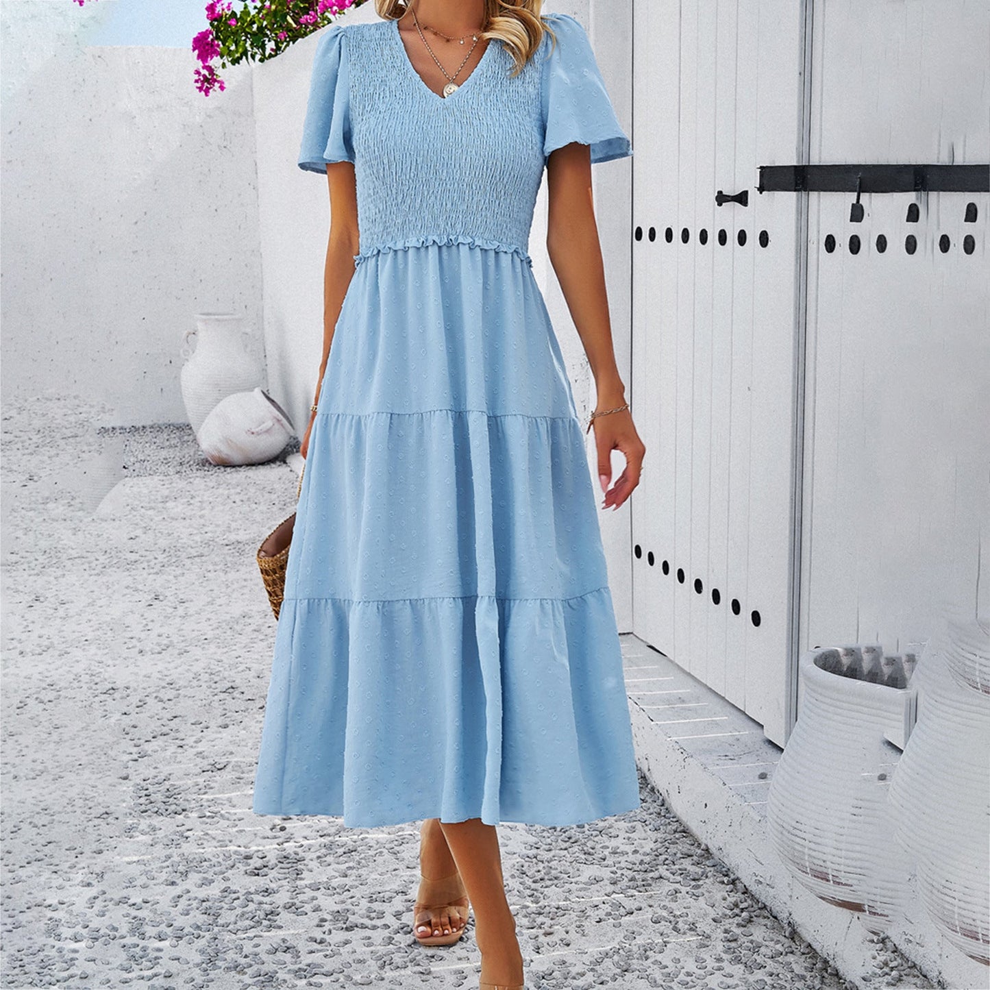Polka Dot A-Line Midi Dress with Shirred Bodice and V-Neck