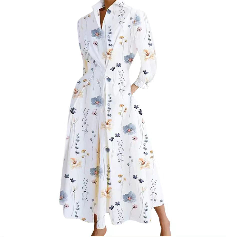 Polka Dot Maxi Shirt Dress with Nine-Quarter Sleeves