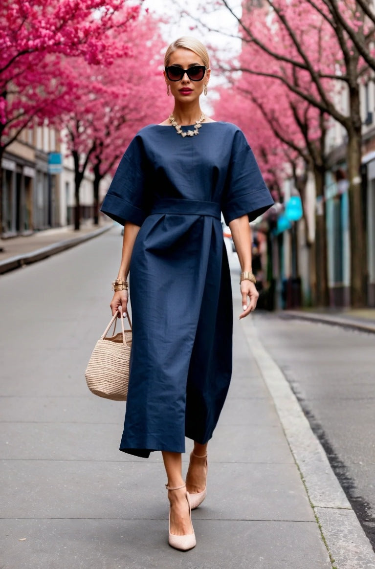 Solid Wrap Midi Dress with Kimono Sleeves and Tie-Waist